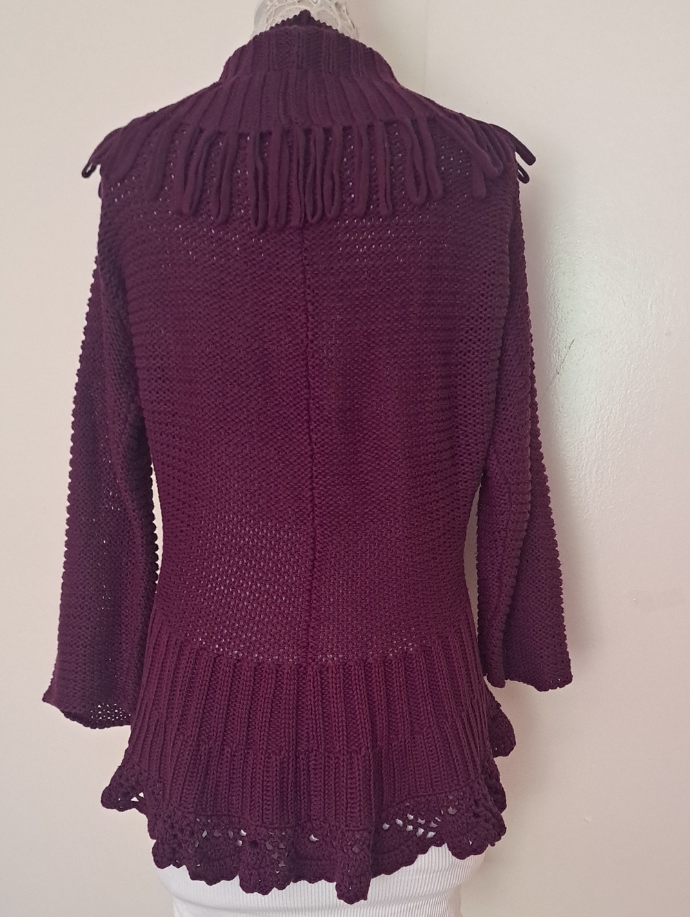 Citiknits Plum Purple Knit Ruffle Fringe Cardigan with Rose Detail 1X Boho - Picture 3 of 12